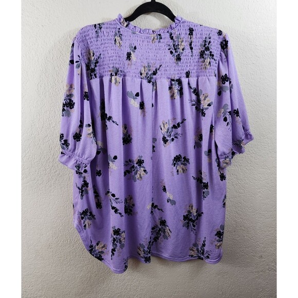 New Melloday Womens 2X Purple Floral Short Sleeve Tie Neck Smocked Blouse - Picture 3 of 7